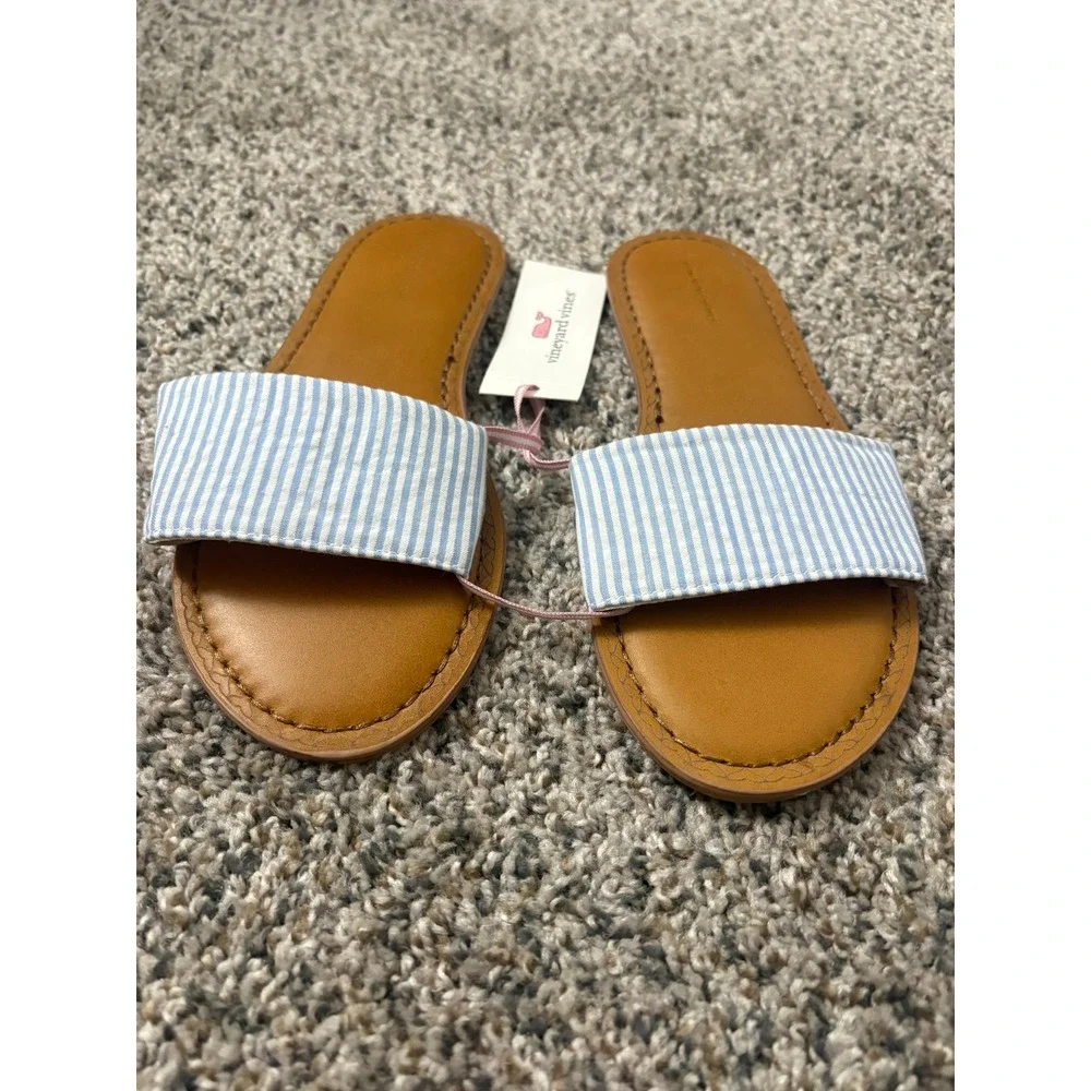 NWT Vineyard Vines Seersucker Strap Leather Slides 9 Blue White Stripe